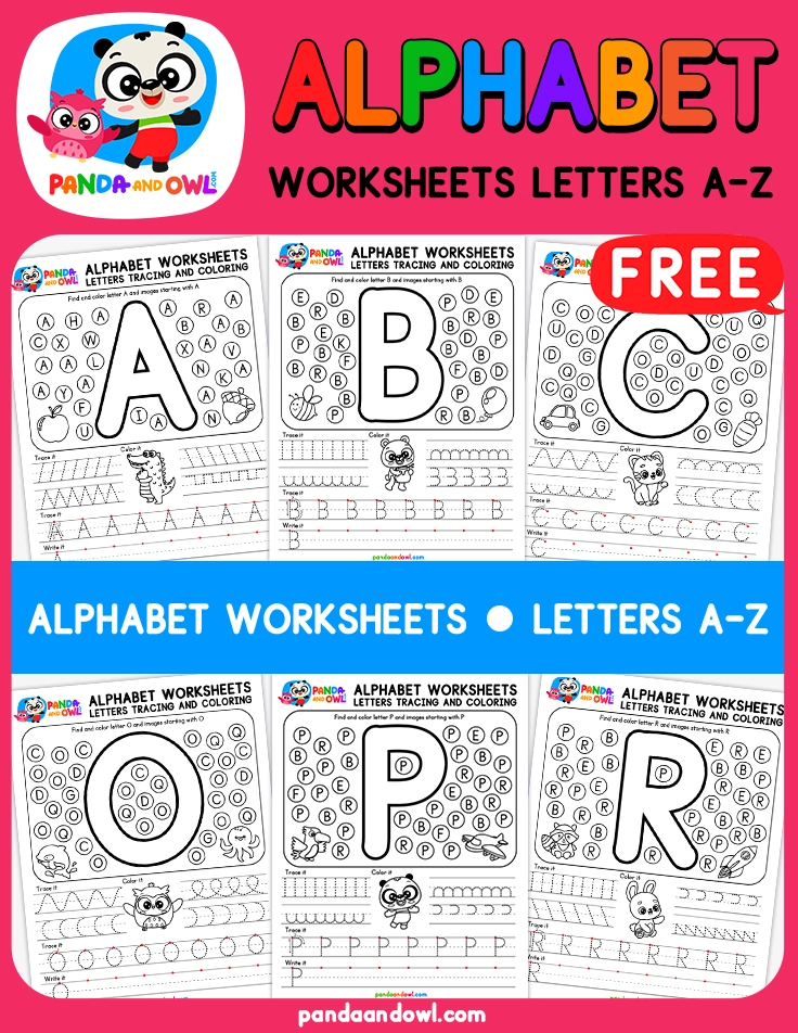 Alphabet Worksheets Tracing Letters A-Z Free Printable for Kindergarten Kids - Panda and Owl