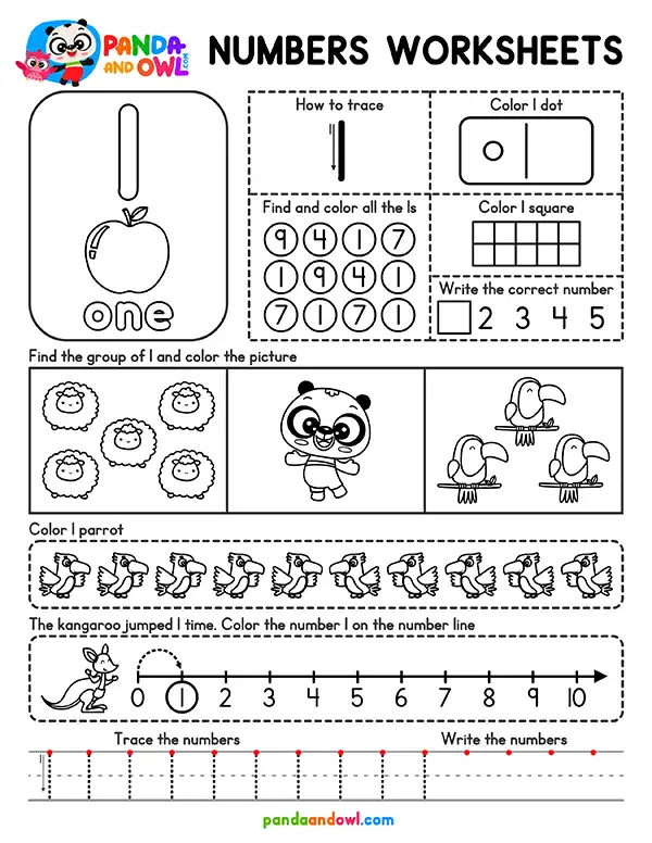 Free Numbers 1 to 10 Worksheets for Kindergarten PDF Printable - Number 1 - Panda and Owl Free Numbers 1 to 10 Worksheets for Kindergarten PDF Printable - Number 1 - Panda and Owl