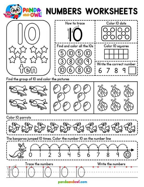 Free Numbers 1 to 10 Worksheets for Kindergarten PDF Printable - Number 10 - Panda and Owl Free Numbers 1 to 10 Worksheets for Kindergarten PDF Printable - Number 10 - Panda and Owl