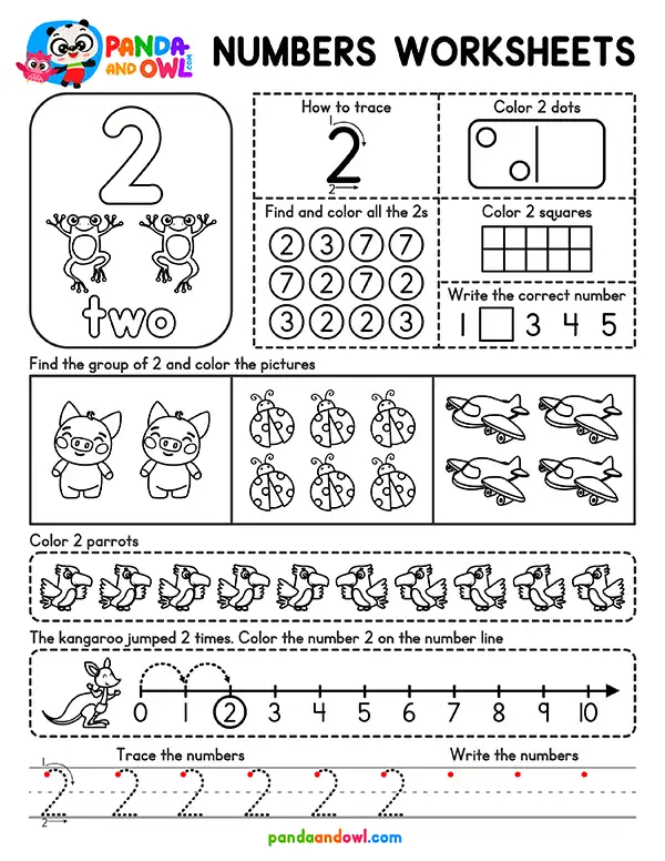 Free Numbers 1 to 10 Worksheets for Kindergarten PDF Printable - Number 2 - Panda and Owl Free Numbers 1 to 10 Worksheets for Kindergarten PDF Printable - Number 2 - Panda and Owl