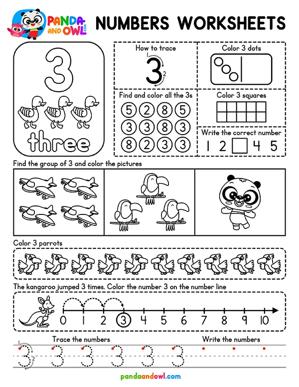 Free Numbers 1 to 10 Worksheets for Kindergarten PDF Printable - Number 3 - Panda and Owl Free Numbers 1 to 10 Worksheets for Kindergarten PDF Printable - Number 3 - Panda and Owl