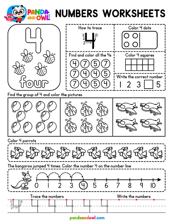 Free Numbers 1 to 10 Worksheets for Kindergarten PDF Printable - Number 4 - Panda and Owl Free Numbers 1 to 10 Worksheets for Kindergarten PDF Printable - Number 4 - Panda and Owl