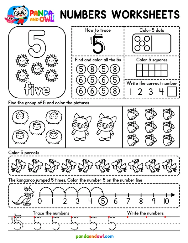 Free Numbers 1 to 10 Worksheets for Kindergarten PDF Printable - Number 5 - Panda and Owl Free Numbers 1 to 10 Worksheets for Kindergarten PDF Printable - Number 5 - Panda and Owl