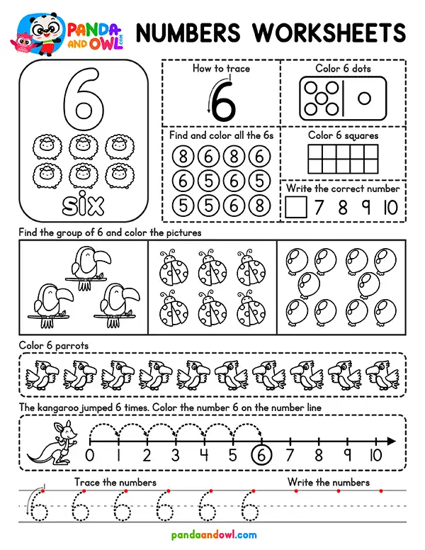 Free Numbers 1 to 10 Worksheets for Kindergarten PDF Printable - Number 6 - Panda and Owl Free Numbers 1 to 10 Worksheets for Kindergarten PDF Printable - Number 6 - Panda and Owl