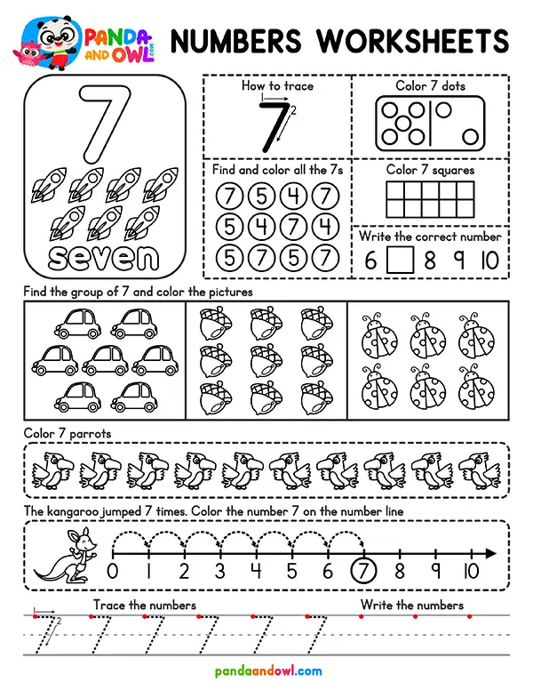 Free Numbers 1 to 10 Worksheets for Kindergarten PDF Printable - Number 7 - Panda and Owl Free Numbers 1 to 10 Worksheets for Kindergarten PDF Printable - Number 7 - Panda and Owl