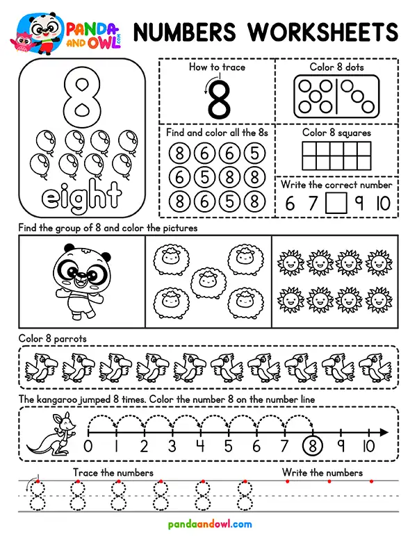 Free Numbers 1 to 10 Worksheets for Kindergarten PDF Printable - Number 8 - Panda and Owl Free Numbers 1 to 10 Worksheets for Kindergarten PDF Printable - Number 8 - Panda and Owl