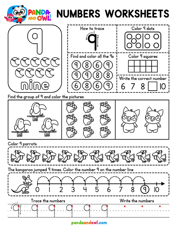Free Numbers 1 to 10 Worksheets for Kindergarten PDF Printable - Number 9 - Panda and Owl Free Numbers 1 to 10 Worksheets for Kindergarten PDF Printable - Number 9 - Panda and Owl