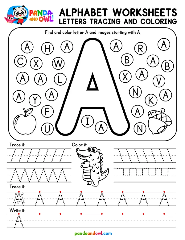 Printable Alphabet Letters A-Z Tracing Worksheets for Kindergarten Kids - Letter A - Panda and Owl