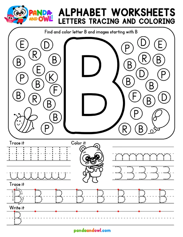 Printable Alphabet Letters A-Z Tracing Worksheets for Kindergarten Kids - Letter B - Panda and Owl