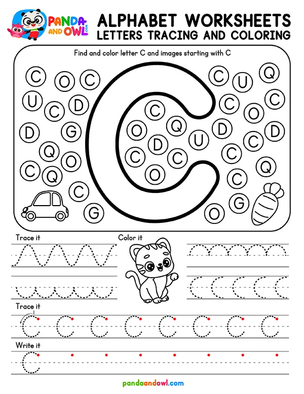 Printable Alphabet Letters A-Z Tracing Worksheets for Kindergarten Kids - Letter C - Panda and Owl