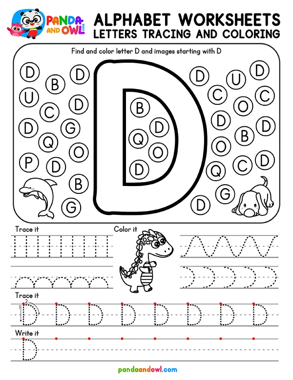 Printable Alphabet Letters A-Z Tracing Worksheets for Kindergarten Kids - Letter D - Panda and Owl
