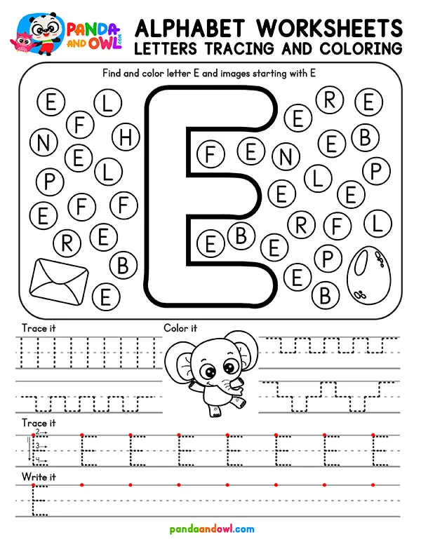 Printable Alphabet Letters A-Z Tracing Worksheets for Kindergarten Kids - Letter E - Panda and Owl