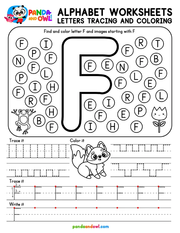 Printable Alphabet Letters A-Z Tracing Worksheets for Kindergarten Kids - Letter F - Panda and Owl