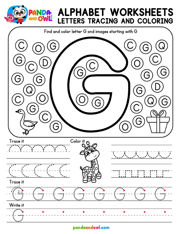 Printable Alphabet Letters A-Z Tracing Worksheets for Kindergarten Kids - Letter G - Panda and Owl