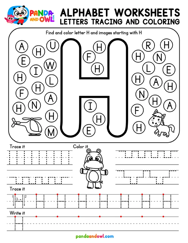 Printable Alphabet Letters A-Z Tracing Worksheets for Kindergarten Kids - Letter H - Panda and Owl