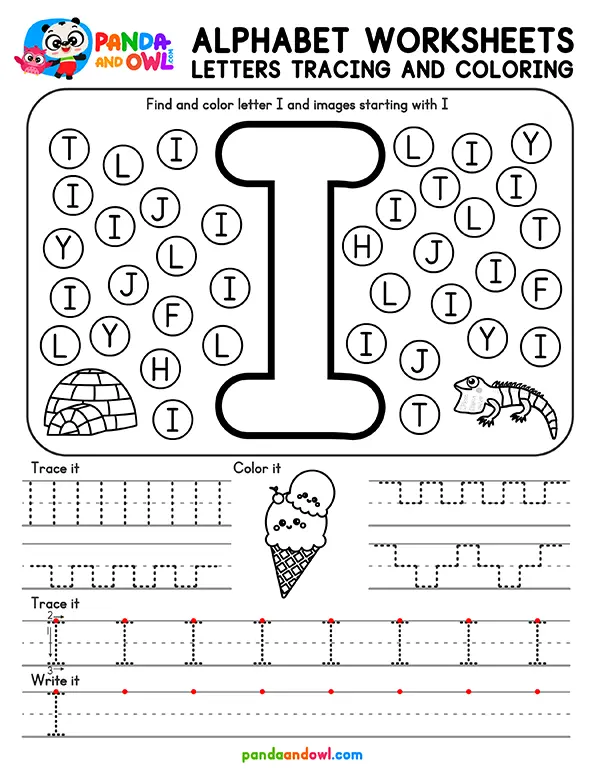 Printable Alphabet Letters A-Z Tracing Worksheets for Kindergarten Kids - Letter I - Panda and Owl
