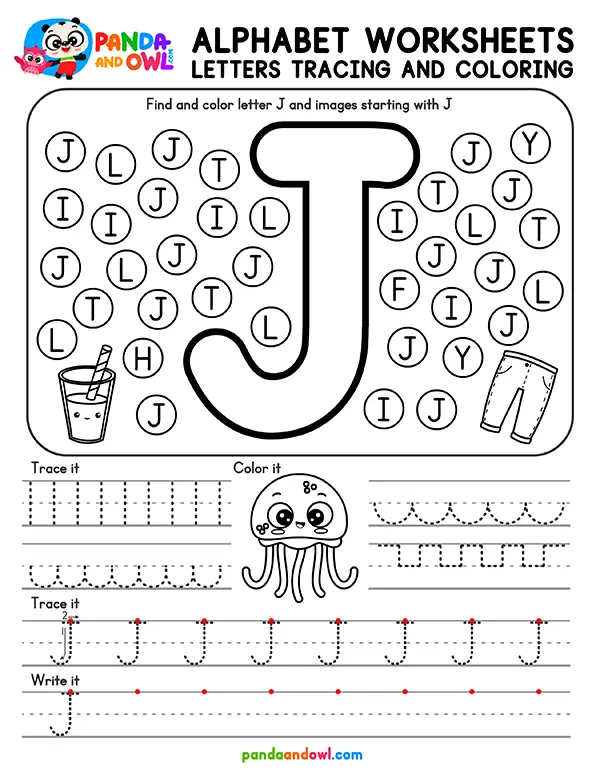 Printable Alphabet Letters A-Z Tracing Worksheets for Kindergarten Kids - Letter J - Panda and Owl