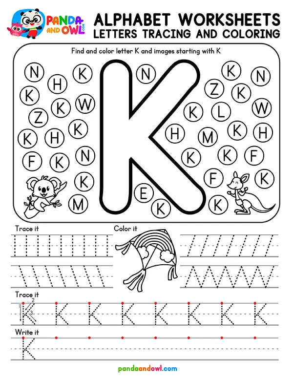 Printable Alphabet Letters A-Z Tracing Worksheets for Kindergarten Kids - Letter K - Panda and Owl