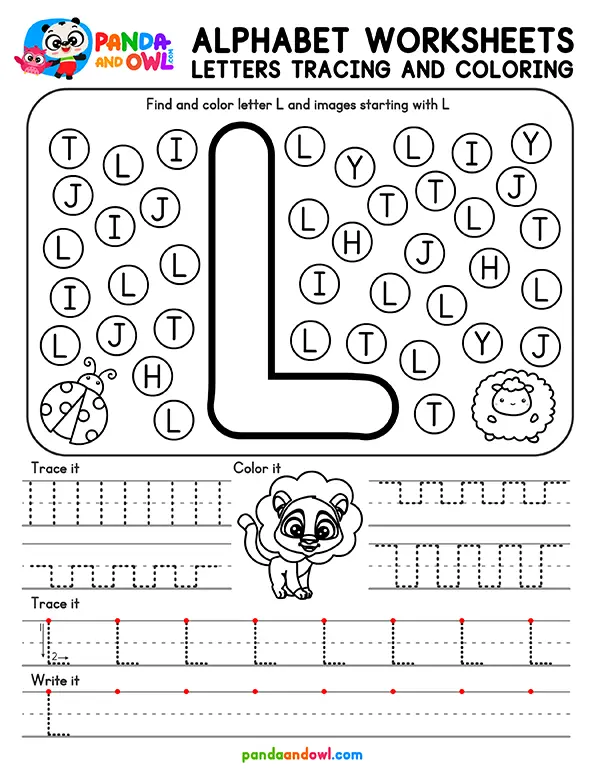 Printable Alphabet Letters A-Z Tracing Worksheets for Kindergarten Kids - Letter L - Panda and Owl