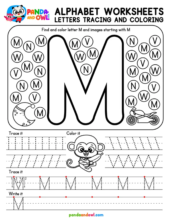 Printable Alphabet Letters A-Z Tracing Worksheets for Kindergarten Kids - Letter M - Panda and Owl