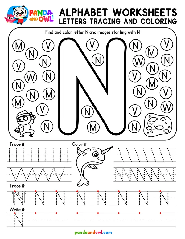 Printable Alphabet Letters A-Z Tracing Worksheets for Kindergarten Kids - Letter N - Panda and Owl