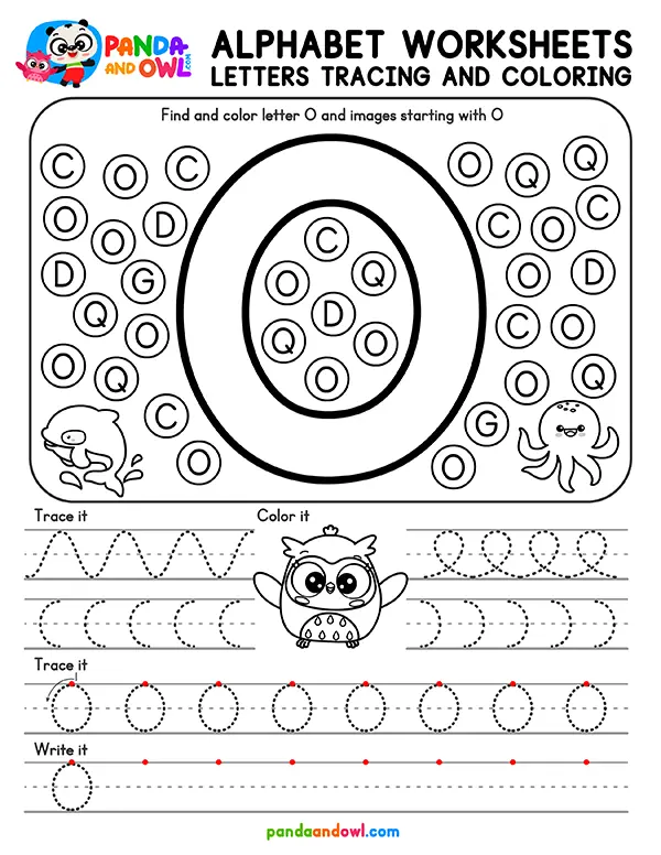 Printable Alphabet Letters A-Z Tracing Worksheets for Kindergarten Kids - Letter O - Panda and Owl