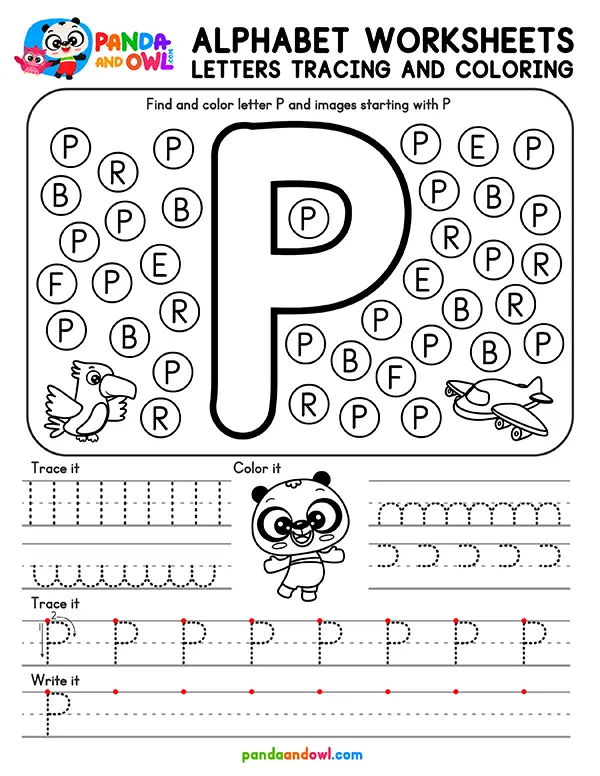 Printable Alphabet Letters A-Z Tracing Worksheets for Kindergarten Kids - Letter P - Panda and Owl