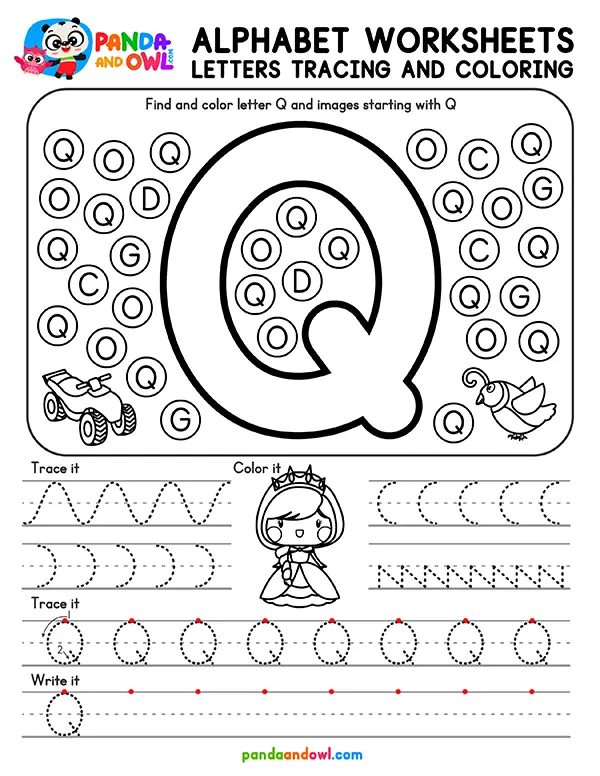 Printable Alphabet Letters A-Z Tracing Worksheets for Kindergarten Kids - Letter Q - Panda and Owl