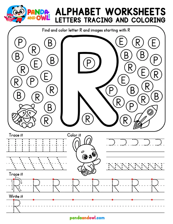 Printable Alphabet Letters A-Z Tracing Worksheets for Kindergarten Kids - Letter R - Panda and Owl