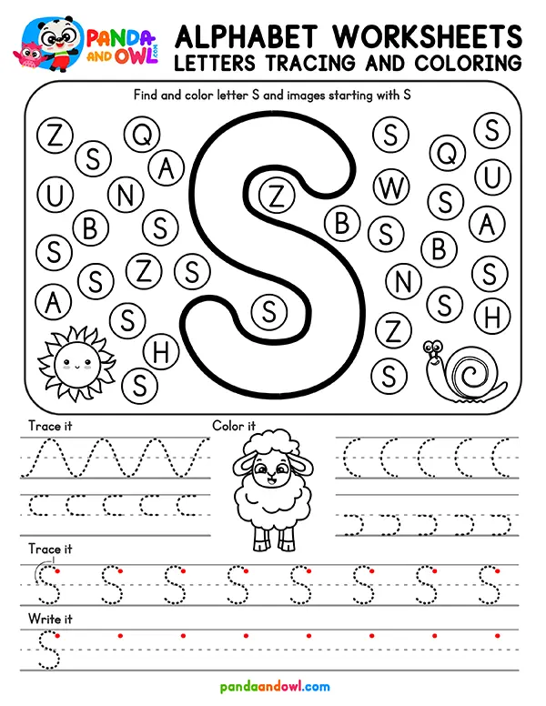 Printable Alphabet Letters A-Z Tracing Worksheets for Kindergarten Kids - Letter S - Panda and Owl