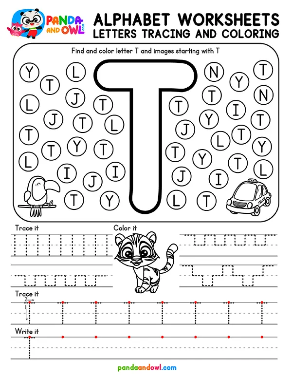 Printable Alphabet Letters A-Z Tracing Worksheets for Kindergarten Kids - Letter T - Panda and Owl