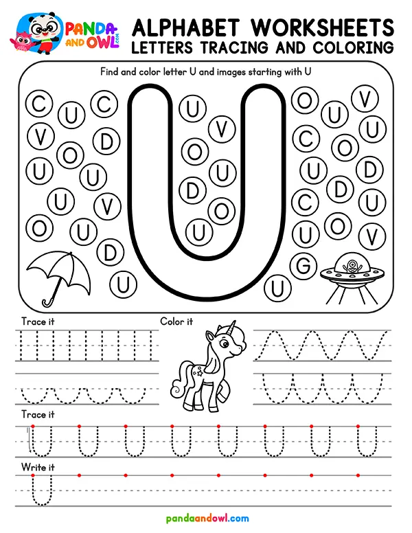 Printable Alphabet Letters A-Z Tracing Worksheets for Kindergarten Kids - Letter U - Panda and Owl
