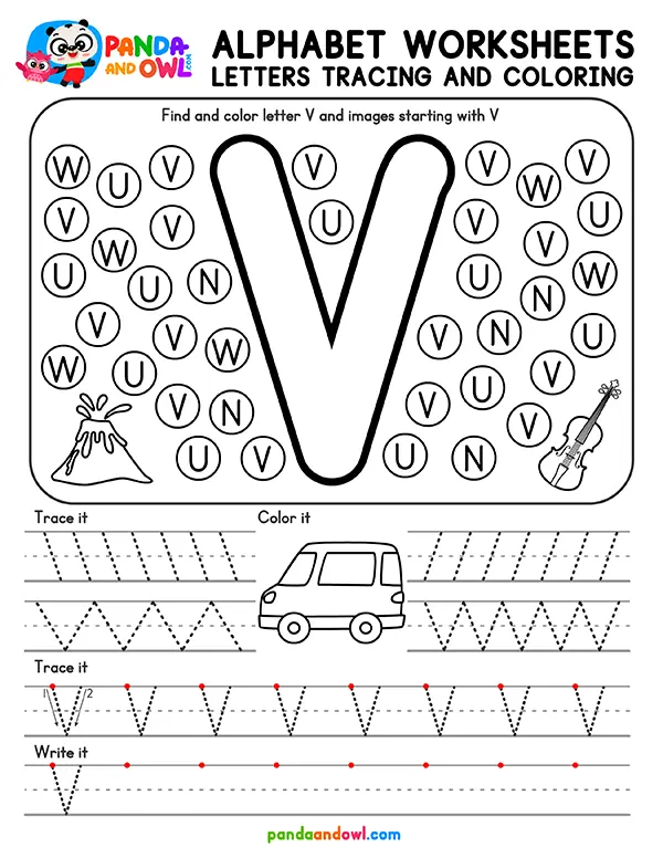 Printable Alphabet Letters A-Z Tracing Worksheets for Kindergarten Kids - Letter V - Panda and Owl