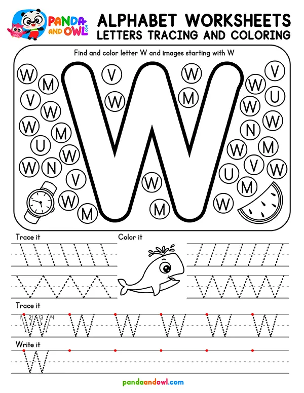Printable Alphabet Letters A-Z Tracing Worksheets for Kindergarten Kids - Letter W - Panda and Owl