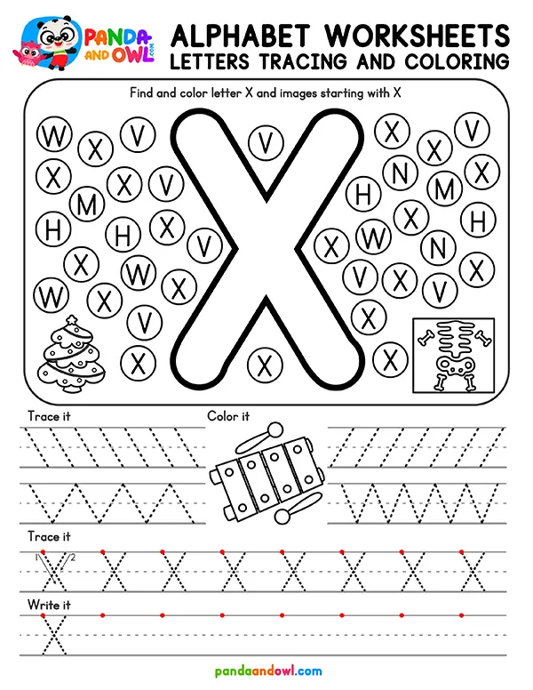 Printable Alphabet Letters A-Z Tracing Worksheets for Kindergarten Kids - Letter X - Panda and Owl