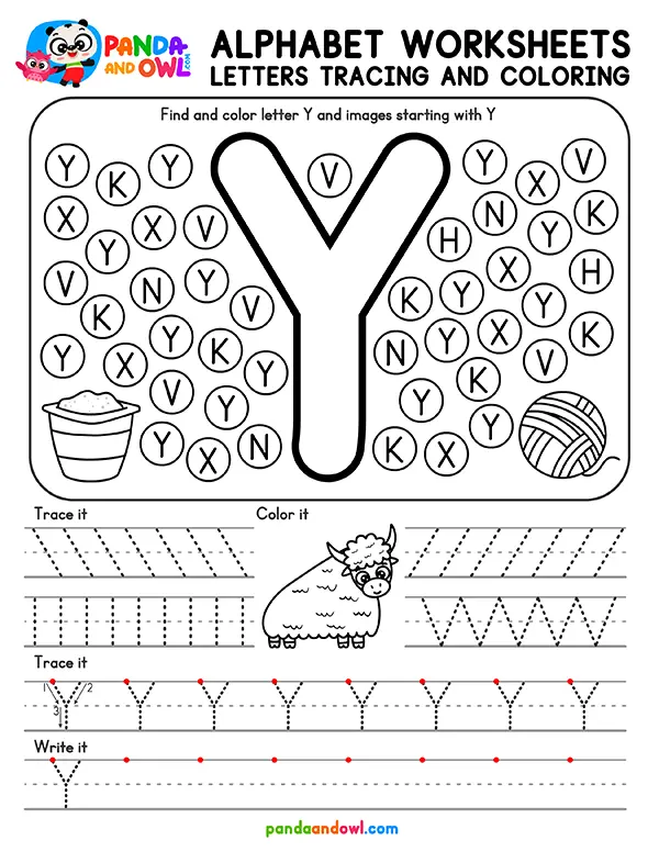 Printable Alphabet Letters A-Z Tracing Worksheets for Kindergarten Kids - Letter Y - Panda and Owl