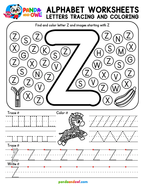 Printable Alphabet Letters A-Z Tracing Worksheets for Kindergarten Kids - Letter Z - Panda and Owl