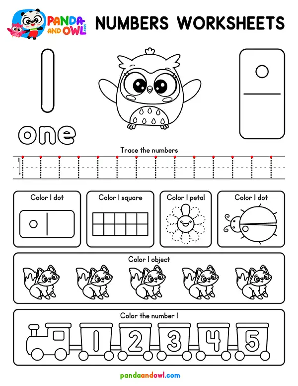 FREE PDF Numbers 1-10 Worksheets for Preschool and Kindergarten Kids - Number 1 - Panda and Owl FREE PDF Numbers 1-10 Worksheets for Preschool and Kindergarten Kids - Number 1 - Panda and Owl