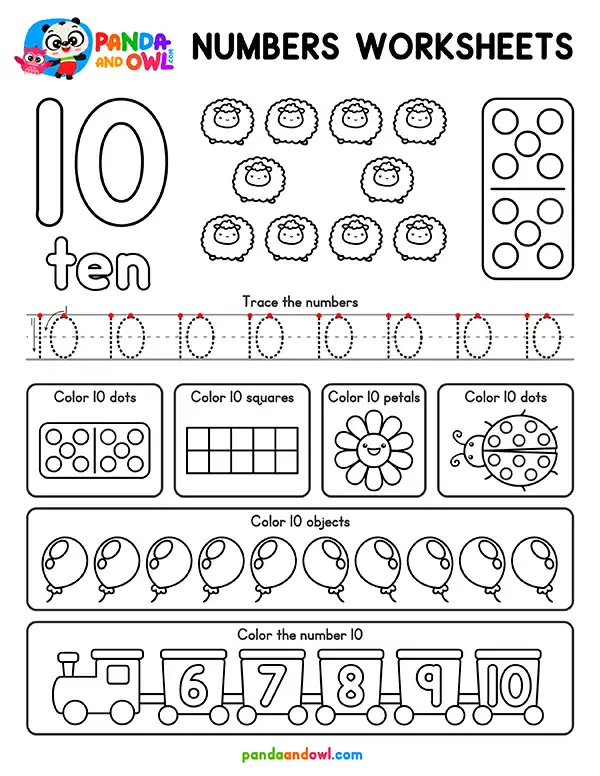 FREE PDF Numbers 1-10 Worksheets for Preschool and Kindergarten Kids - Number 10 - Panda and Owl FREE PDF Numbers 1-10 Worksheets for Preschool and Kindergarten Kids - Number 10 - Panda and Owl