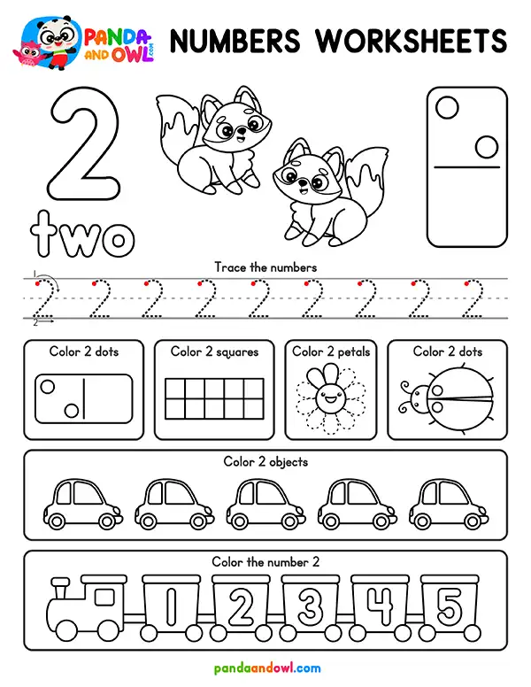 FREE PDF Numbers 1-10 Worksheets for Preschool and Kindergarten Kids - Number 2 - Panda and Owl FREE PDF Numbers 1-10 Worksheets for Preschool and Kindergarten Kids - Number 2 - Panda and Owl