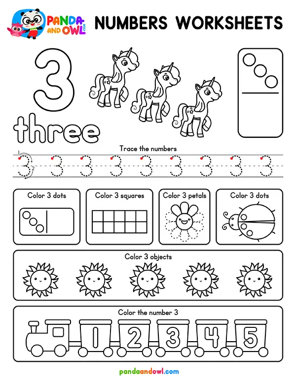 FREE PDF Numbers 1-10 Worksheets for Preschool and Kindergarten Kids - Number 3 - Panda and Owl FREE PDF Numbers 1-10 Worksheets for Preschool and Kindergarten Kids - Number 3 - Panda and Owl