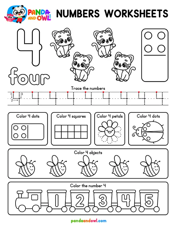 FREE PDF Numbers 1-10 Worksheets for Preschool and Kindergarten Kids - Number 4 - Panda and Owl FREE PDF Numbers 1-10 Worksheets for Preschool and Kindergarten Kids - Number 4 - Panda and Owl