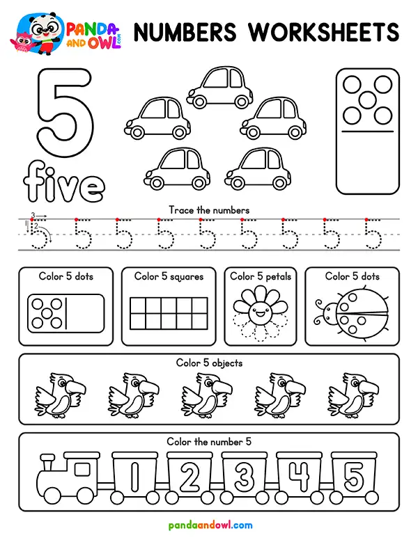 FREE PDF Numbers 1-10 Worksheets for Preschool and Kindergarten Kids - Number 5 - Panda and Owl FREE PDF Numbers 1-10 Worksheets for Preschool and Kindergarten Kids - Number 5 - Panda and Owl