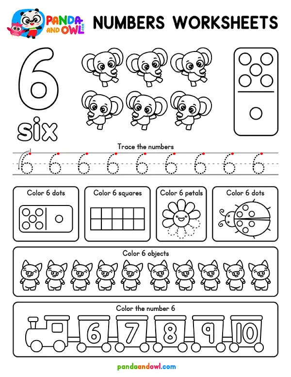 FREE PDF Numbers 1-10 Worksheets for Preschool and Kindergarten Kids - Number 6 - Panda and Owl FREE PDF Numbers 1-10 Worksheets for Preschool and Kindergarten Kids - Number 6 - Panda and Owl