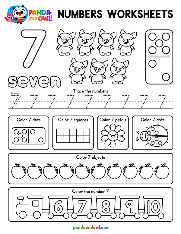 FREE PDF Numbers 1-10 Worksheets for Preschool and Kindergarten Kids - Number 7 - Panda and Owl FREE PDF Numbers 1-10 Worksheets for Preschool and Kindergarten Kids - Number 7 - Panda and Owl
