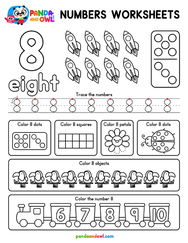 FREE PDF Numbers 1-10 Worksheets for Preschool and Kindergarten Kids - Number 8 - Panda and Owl FREE PDF Numbers 1-10 Worksheets for Preschool and Kindergarten Kids - Number 8 - Panda and Owl