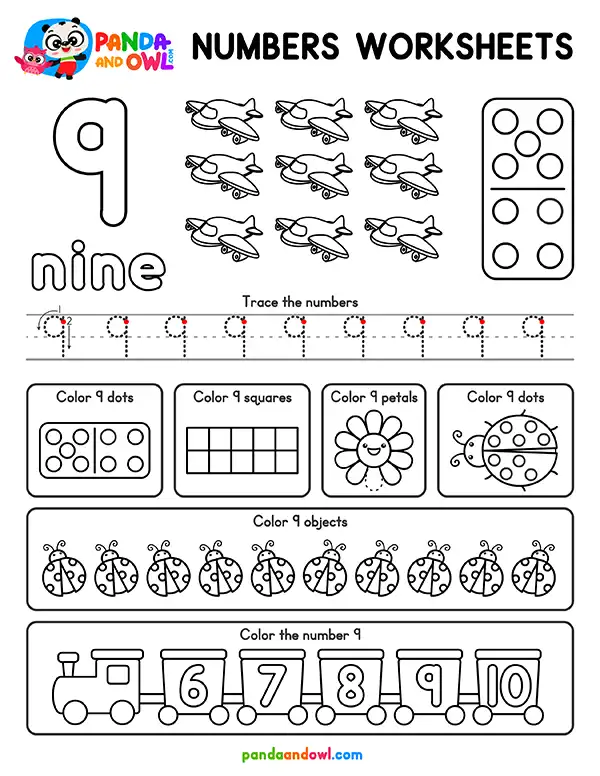 FREE PDF Numbers 1-10 Worksheets for Preschool and Kindergarten Kids - Number 9 - Panda and Owl FREE PDF Numbers 1-10 Worksheets for Preschool and Kindergarten Kids - Number 9 - Panda and Owl