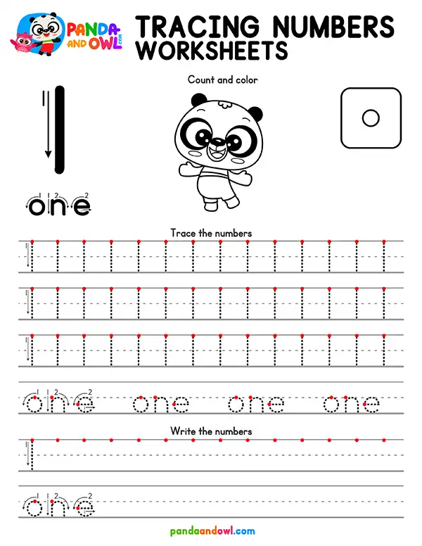 Free Printable Tracing Numbers 1-10 Worksheets PDF for Preschool and Kindergarten Kids - Number 1 - Panda and Owl Free Printable Tracing Numbers 1-10 Worksheets PDF for Preschool and Kindergarten Kids - Number 1 - Panda and Owl