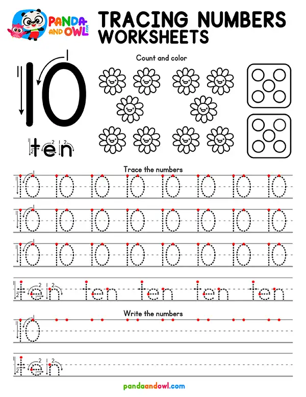 Free Printable Tracing Numbers 1-10 Worksheets PDF for Preschool and Kindergarten Kids - Number 10 - Panda and Owl Free Printable Tracing Numbers 1-10 Worksheets PDF for Preschool and Kindergarten Kids - Number 10 - Panda and Owl