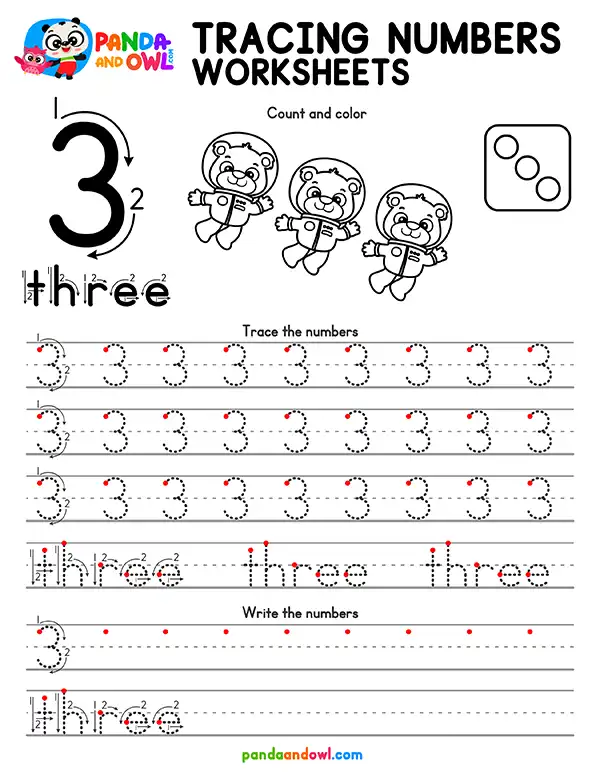 Free Printable Tracing Numbers 1-10 Worksheets PDF for Preschool and Kindergarten Kids - Number 3 - Panda and Owl Free Printable Tracing Numbers 1-10 Worksheets PDF for Preschool and Kindergarten Kids - Number 3 - Panda and Owl
